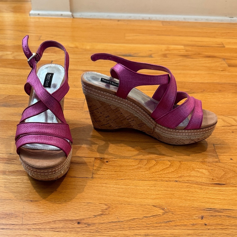 White House Black Market Fuchsia Strappy Cork Wedge Sandals
